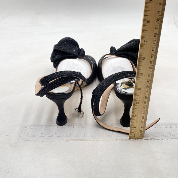 FYS Women Cute Rhinestones Bow Peep Toe Low Kitten Heel Ankle Strap Sandal Black - Picture 5 of 8